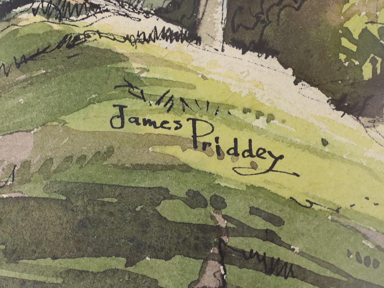 James Priddey, R.B.S.A., P.P.R.B.S.A., F.R.S.A., (1916-1980), ink and watercolour, Gypsy caravan on Bredon Hill, Worcestershire, signed, 33 x 50cm